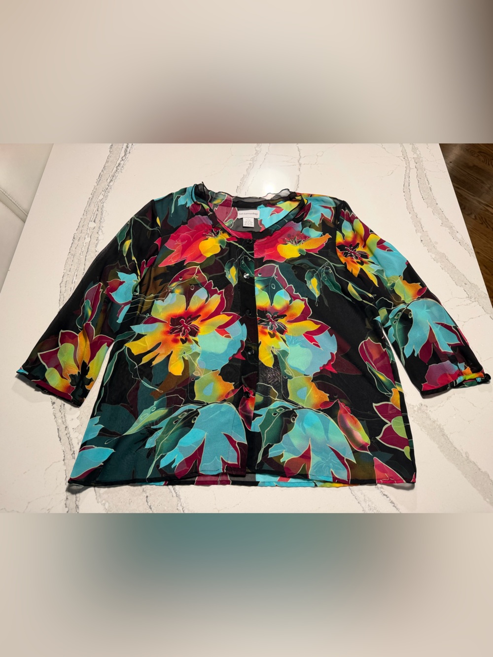 Soft Surroundings black blue gold floral sheer button down blouse Size Large